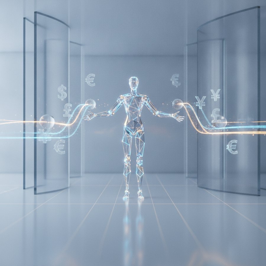 AI agent autonomously routing financial transactions between digital nodes in a futuristic glassmorphic environment